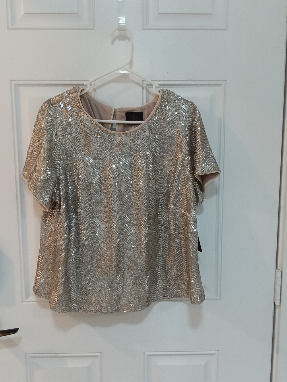 Muse Champagne Sequin Short-Sleeve Top #124#